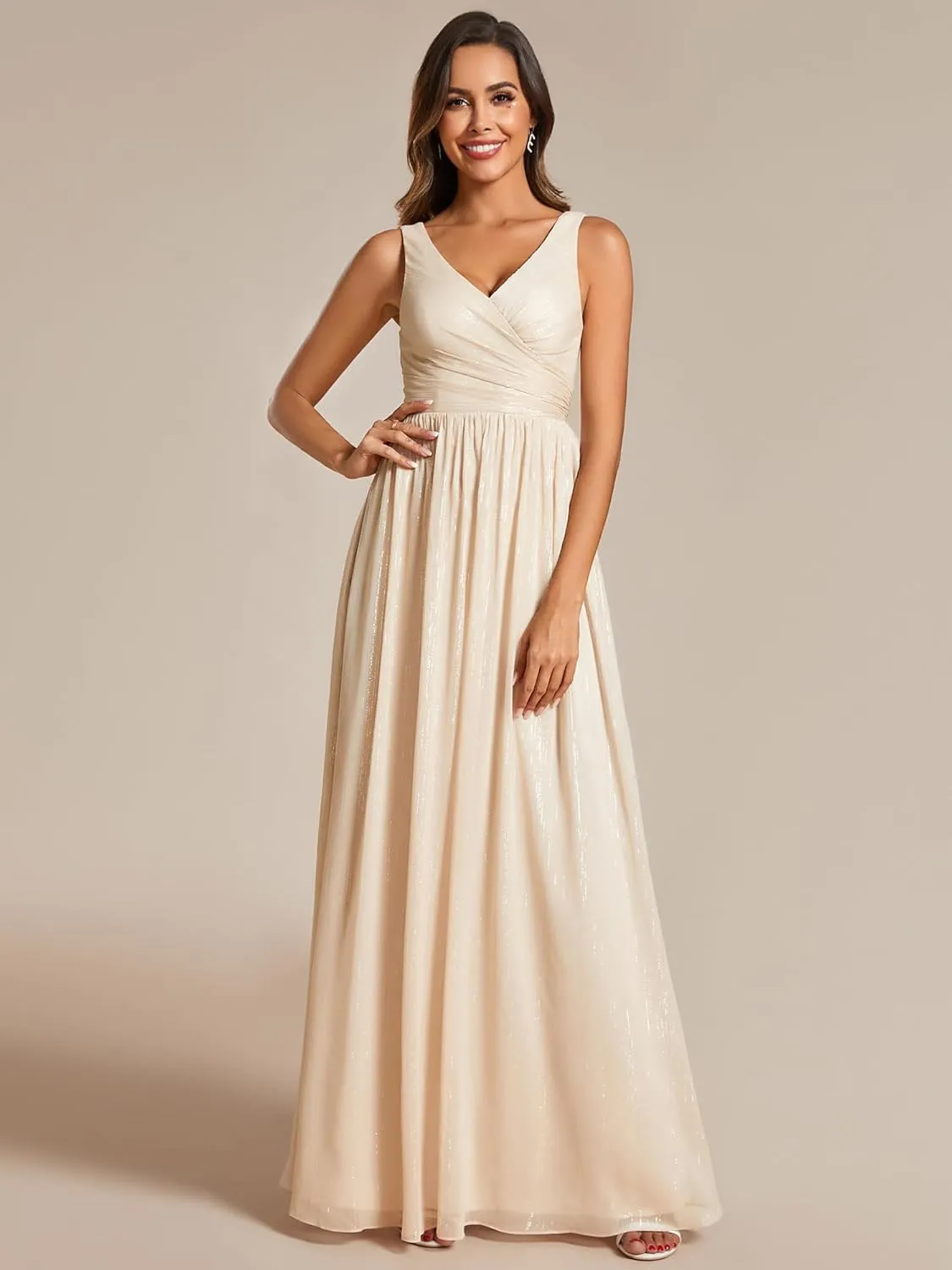 Ever-Pretty Women's A Line Glitter Sleeveless Pleated V Neck Maxi Formal Dress 02096