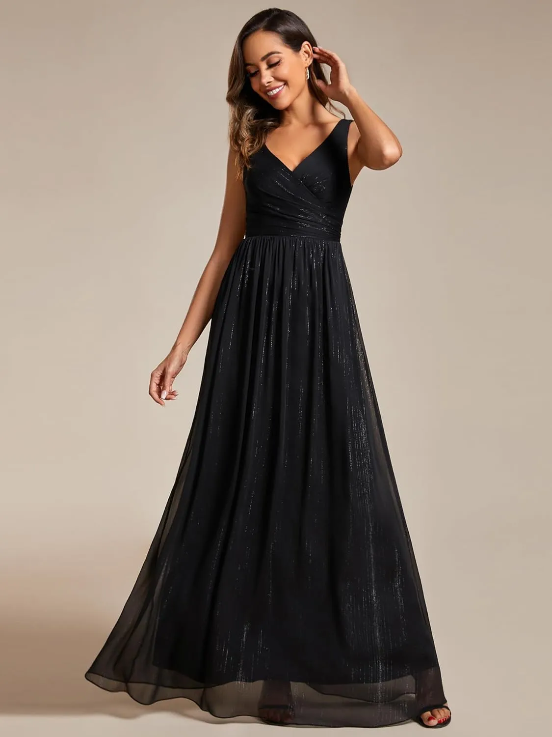Ever-Pretty Women's A Line Glitter Sleeveless Pleated V Neck Maxi Formal Dress 02096