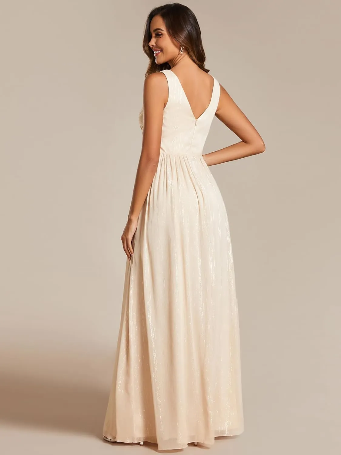 Ever-Pretty Women's A Line Glitter Sleeveless Pleated V Neck Maxi Formal Dress 02096