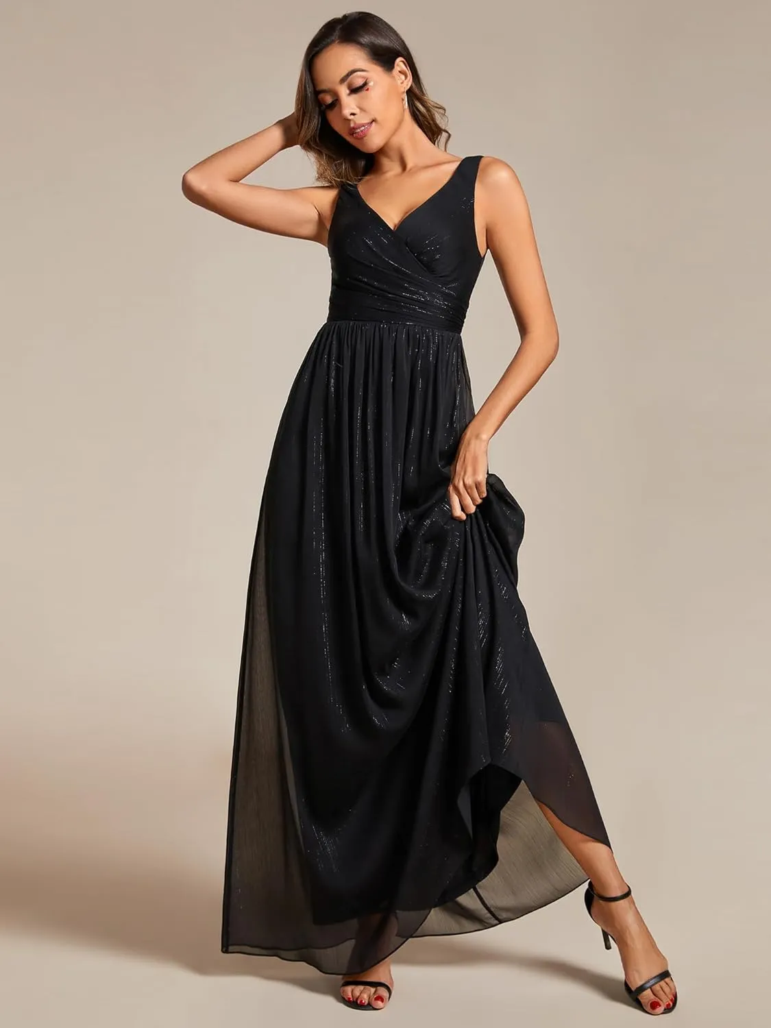 Ever-Pretty Women's A Line Glitter Sleeveless Pleated V Neck Maxi Formal Dress 02096