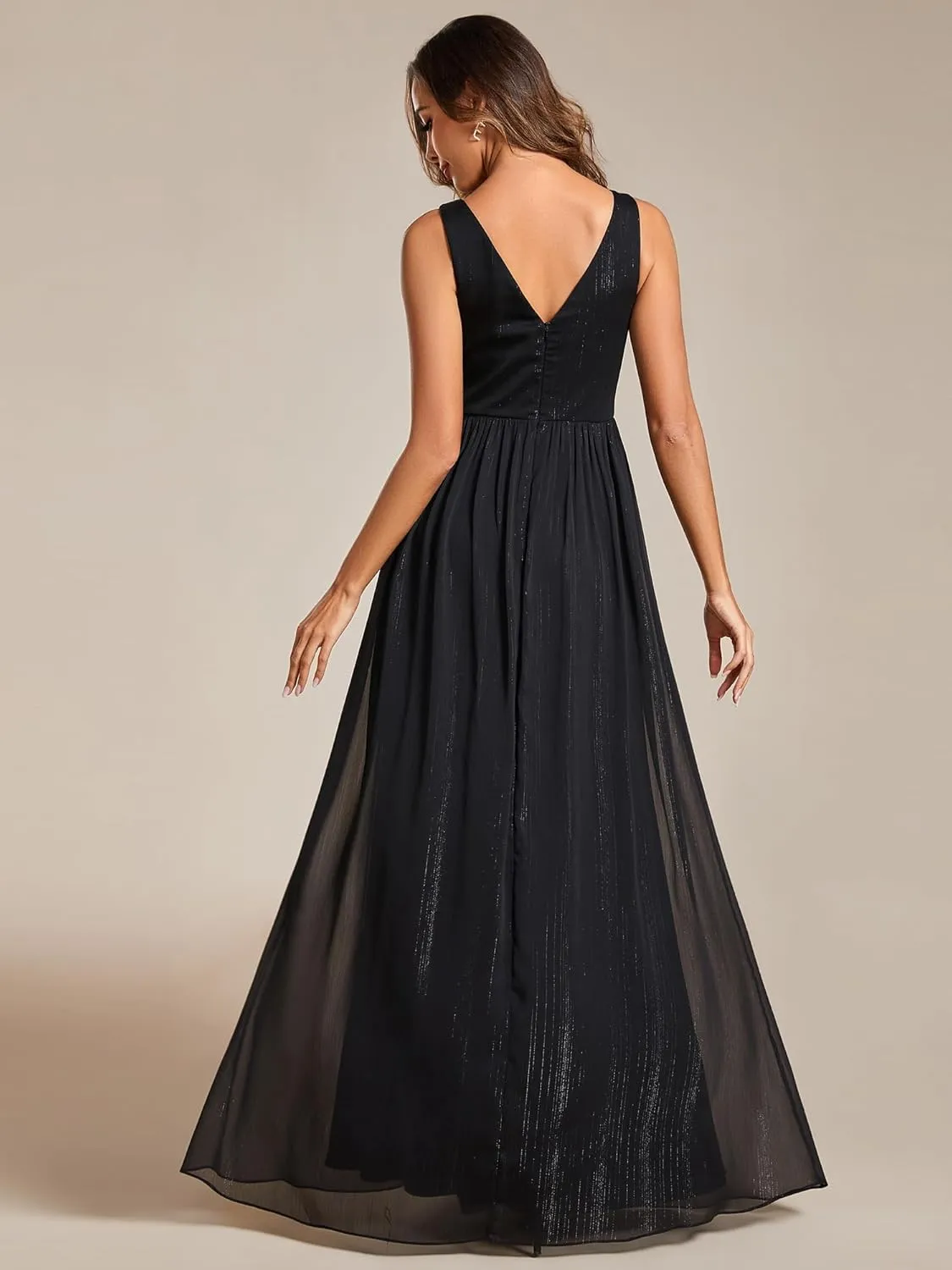 Ever-Pretty Women's A Line Glitter Sleeveless Pleated V Neck Maxi Formal Dress 02096