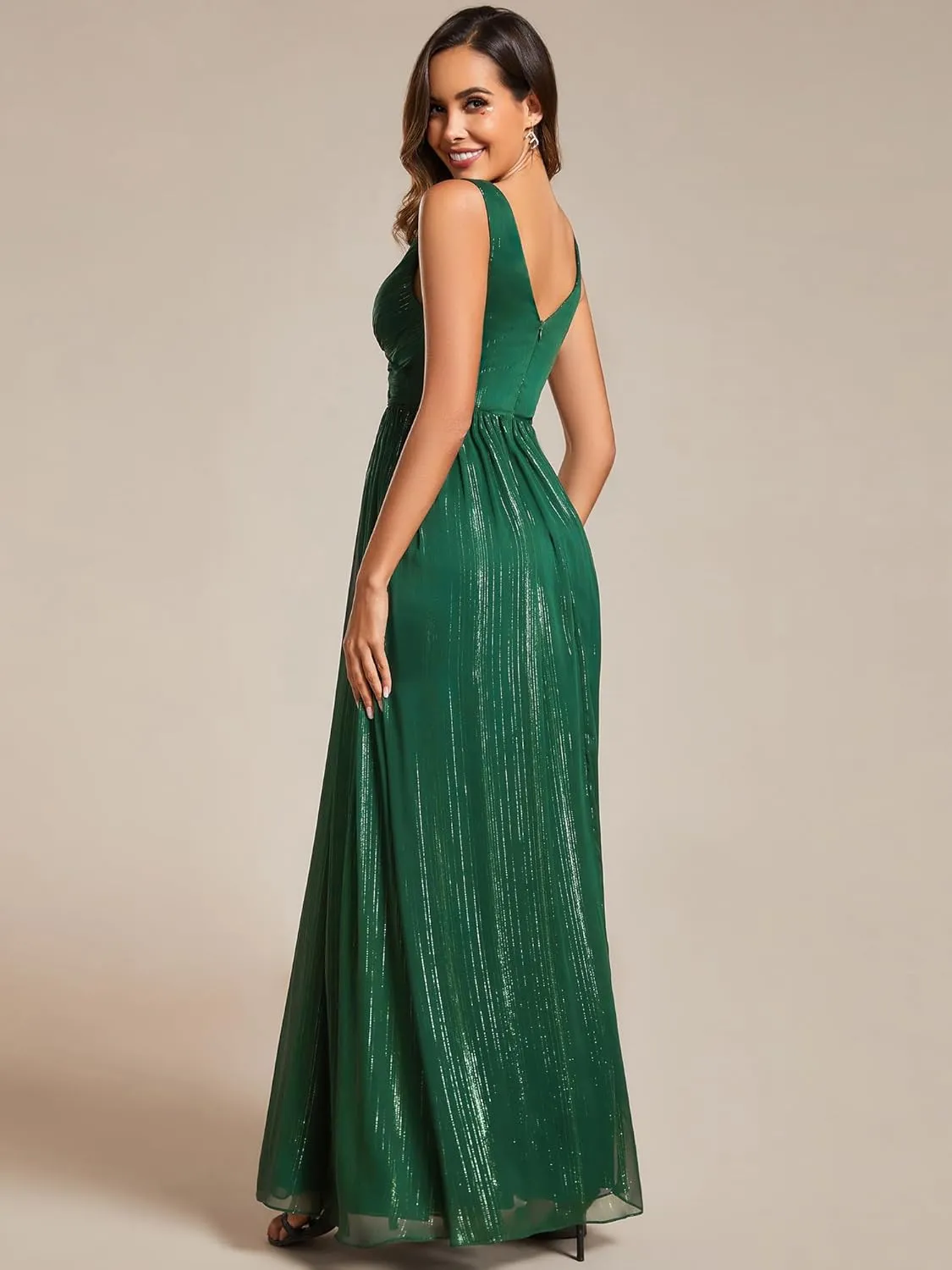 Ever-Pretty Women's A Line Glitter Sleeveless Pleated V Neck Maxi Formal Dress 02096