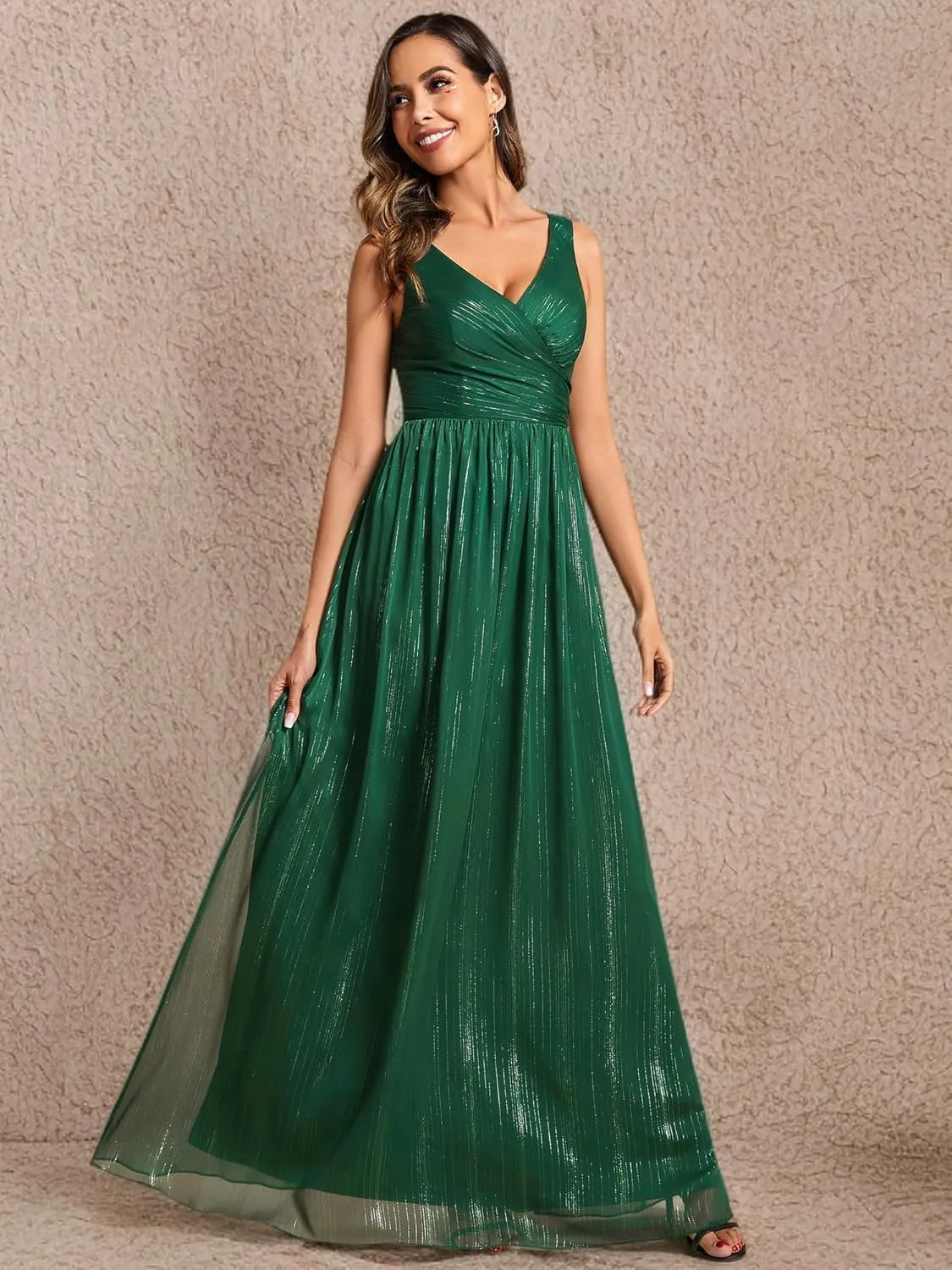 Ever-Pretty Women's A Line Glitter Sleeveless Pleated V Neck Maxi Formal Dress 02096