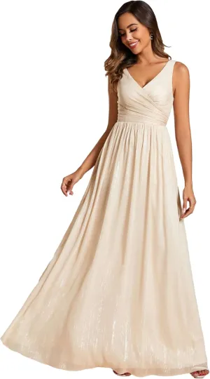 Ever-Pretty Women's A Line Glitter Sleeveless Pleated V Neck Maxi Formal Dress 02096