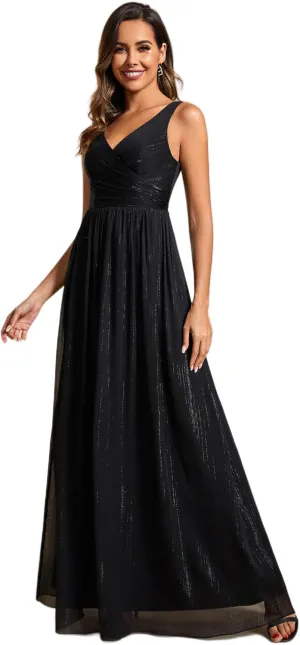 Ever-Pretty Women's A Line Glitter Sleeveless Pleated V Neck Maxi Formal Dress 02096