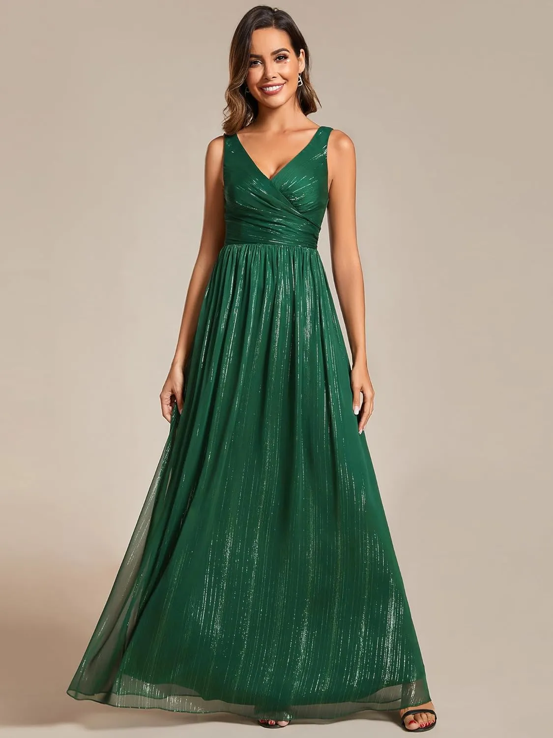 Ever-Pretty Women's A Line Glitter Sleeveless Pleated V Neck Maxi Formal Dress 02096