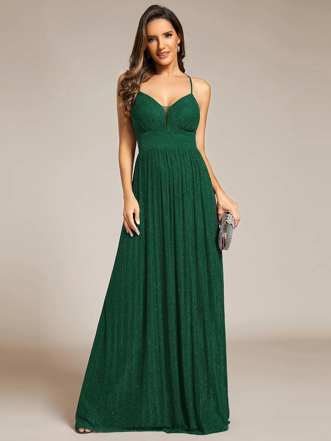 Ever-Pretty Women's A Line V Neck Backless Glitter Pleated Sleeveless Maxi Evening Dresses 21961