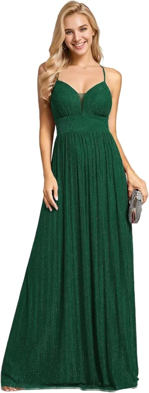 Ever-Pretty Women's A Line V Neck Backless Glitter Pleated Sleeveless Maxi Evening Dresses 21961