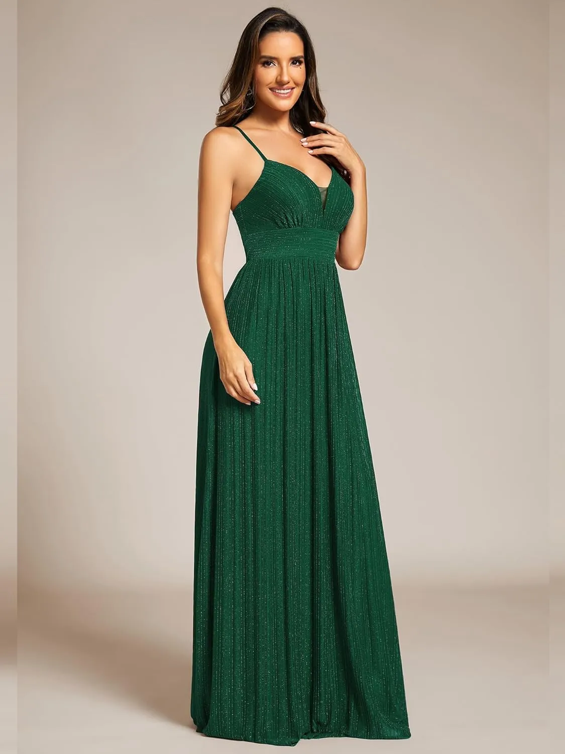 Ever-Pretty Women's A Line V Neck Backless Glitter Pleated Sleeveless Maxi Evening Dresses 21961