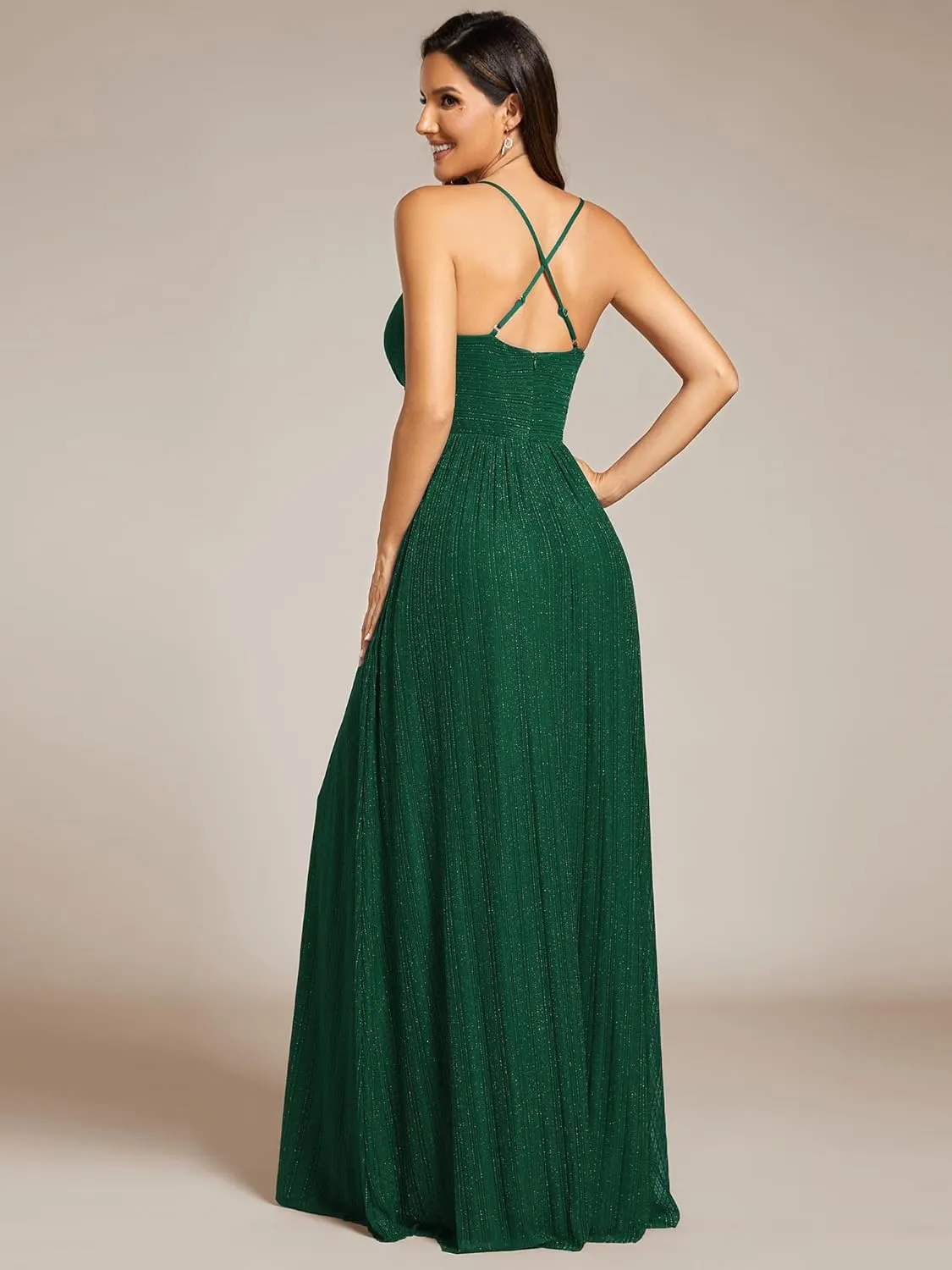 Ever-Pretty Women's A Line V Neck Backless Glitter Pleated Sleeveless Maxi Evening Dresses 21961