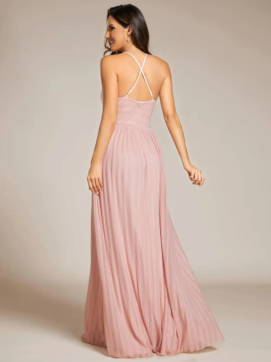 Ever-Pretty Women's A Line V Neck Backless Glitter Pleated Sleeveless Maxi Evening Dresses 21961