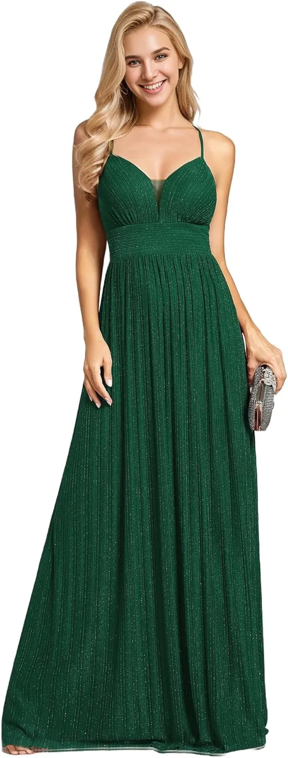 Ever-Pretty Women's A Line V Neck Backless Glitter Pleated Sleeveless Maxi Evening Dresses 21961