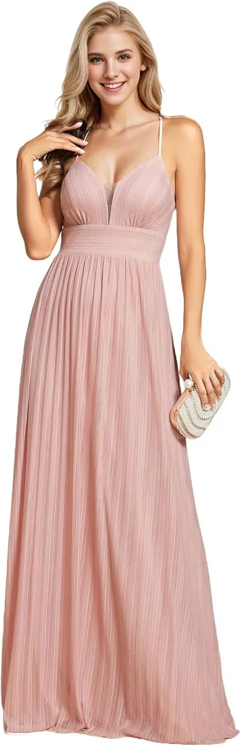 Ever-Pretty Women's A Line V Neck Backless Glitter Pleated Sleeveless Maxi Evening Dresses 21961