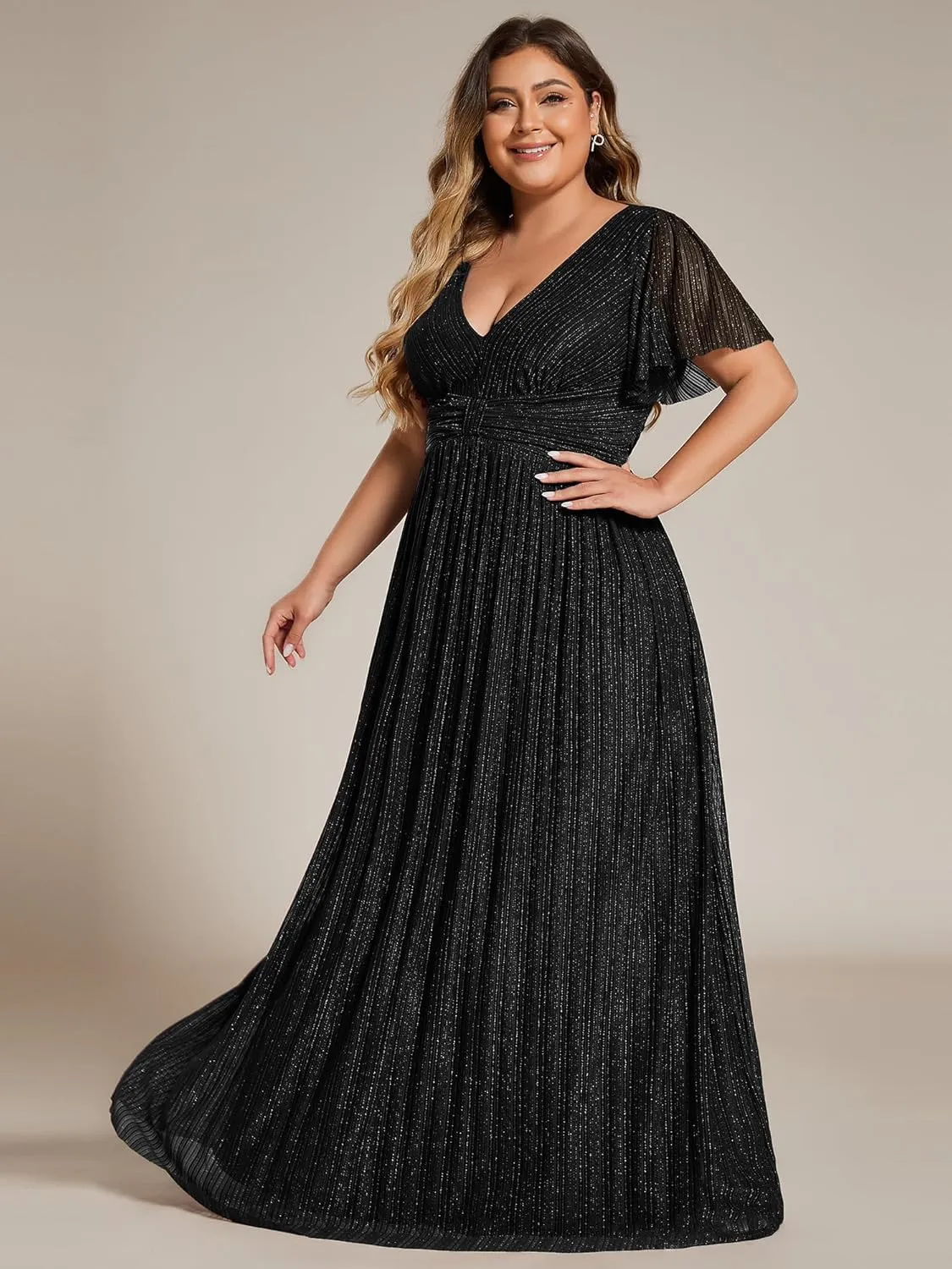 Ever-Pretty Women's A Line V Neck Glitter Short Sleeves Pleated Plus Size Formal Evening Dresses 11961-DA