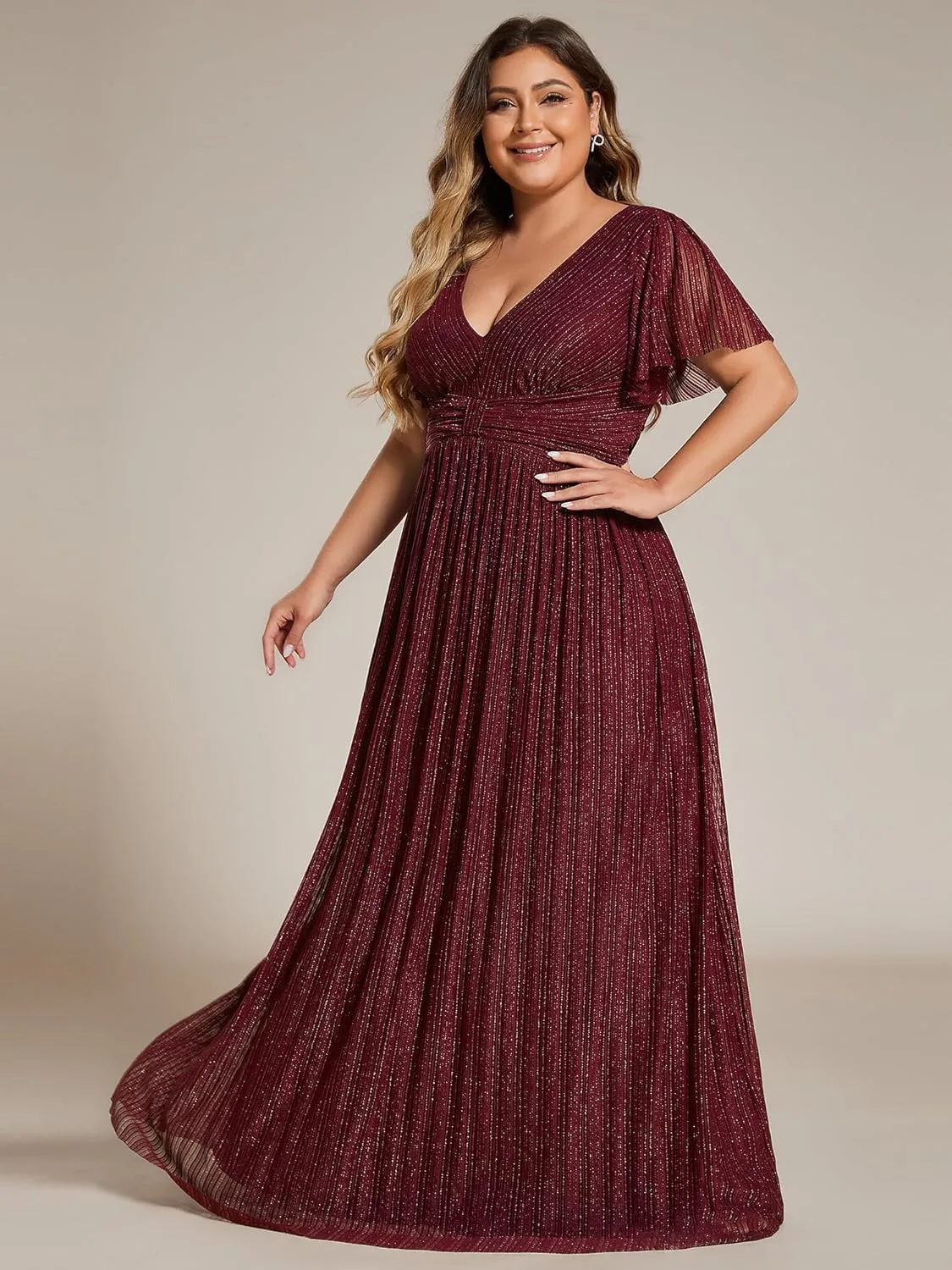 Ever-Pretty Women's A Line V Neck Glitter Short Sleeves Pleated Plus Size Formal Evening Dresses 11961-DA