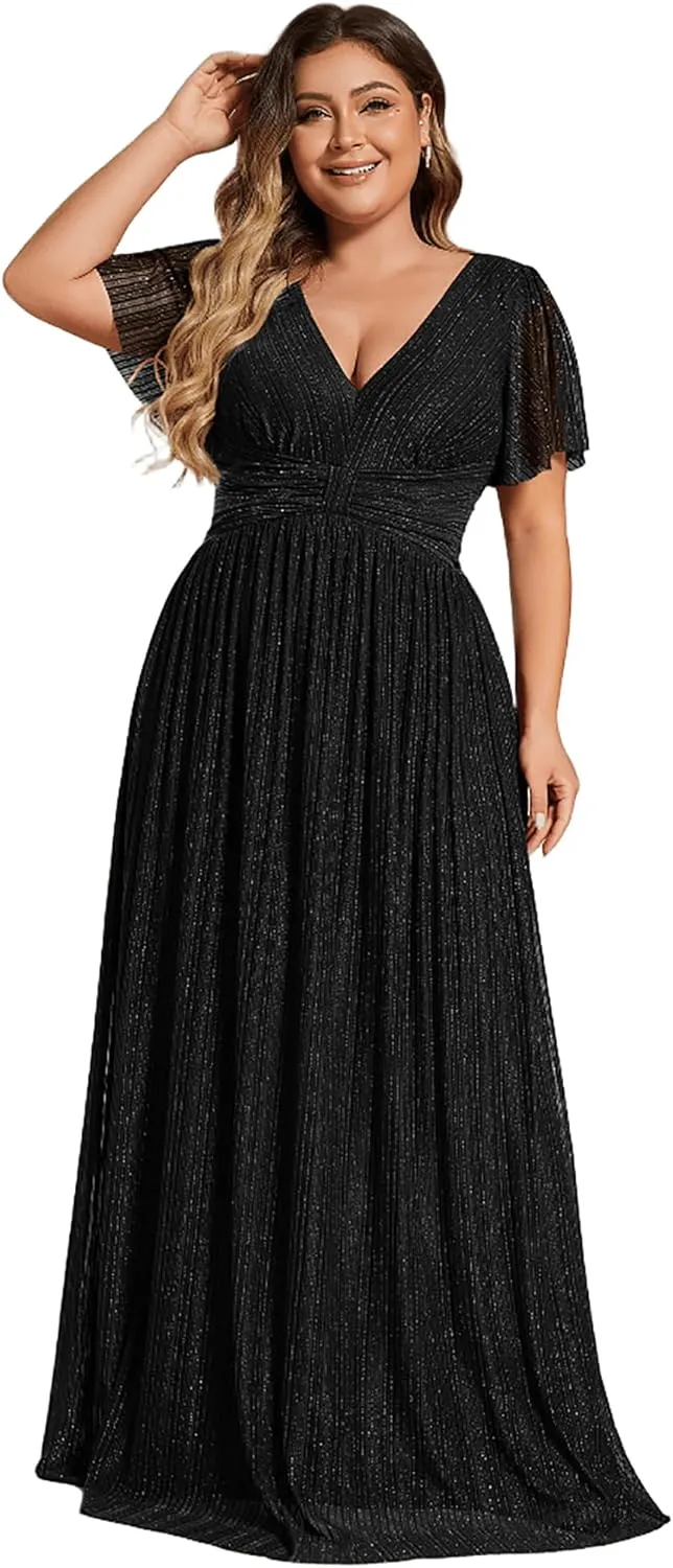 Ever-Pretty Women's A Line V Neck Glitter Short Sleeves Pleated Plus Size Formal Evening Dresses 11961-DA