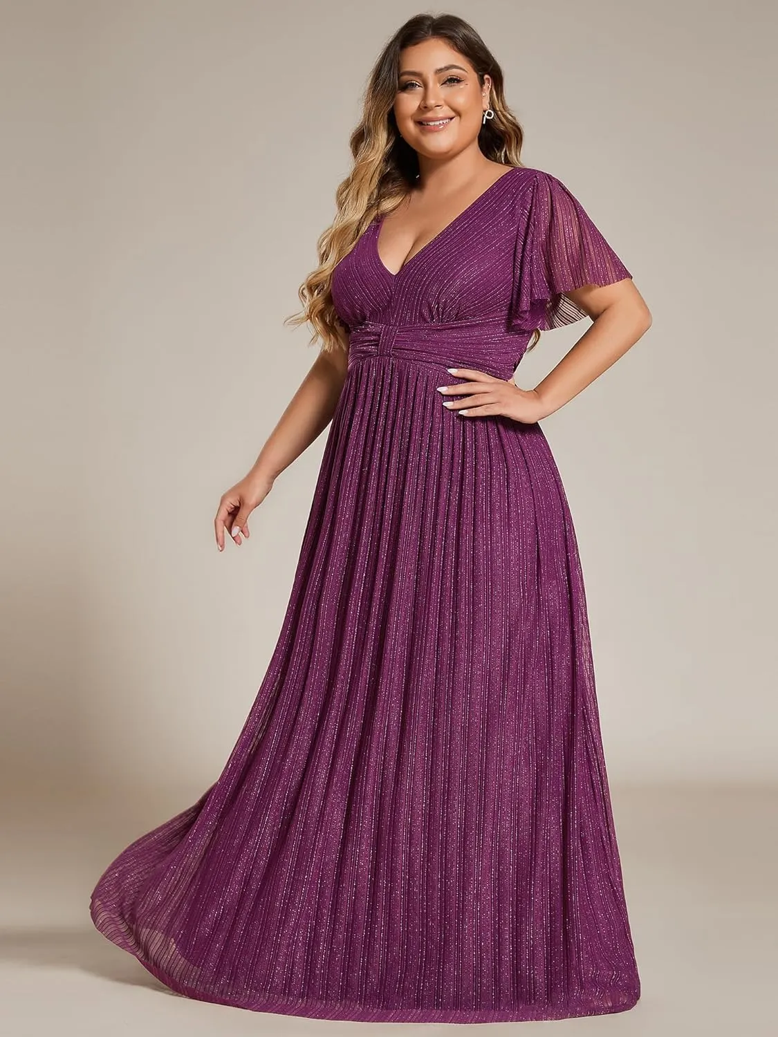 Ever-Pretty Women's A Line V Neck Glitter Short Sleeves Pleated Plus Size Formal Evening Dresses 11961-DA