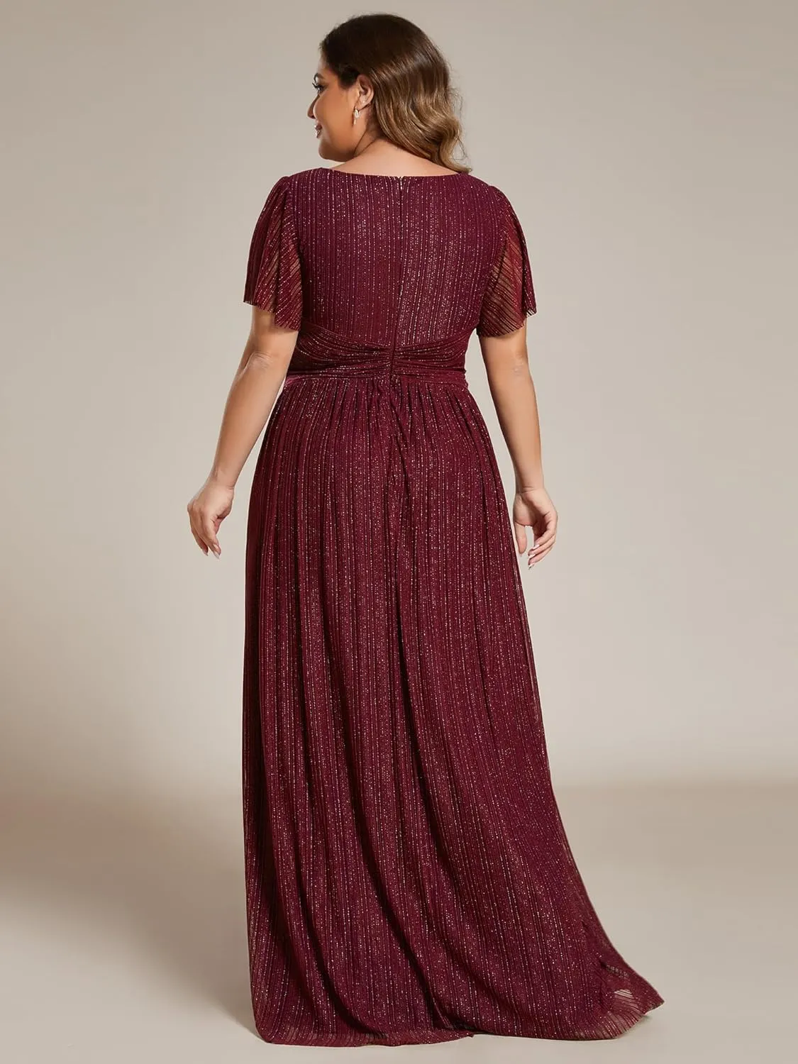 Ever-Pretty Women's A Line V Neck Glitter Short Sleeves Pleated Plus Size Formal Evening Dresses 11961-DA