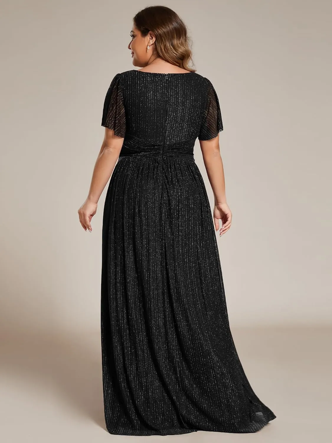 Ever-Pretty Women's A Line V Neck Glitter Short Sleeves Pleated Plus Size Formal Evening Dresses 11961-DA