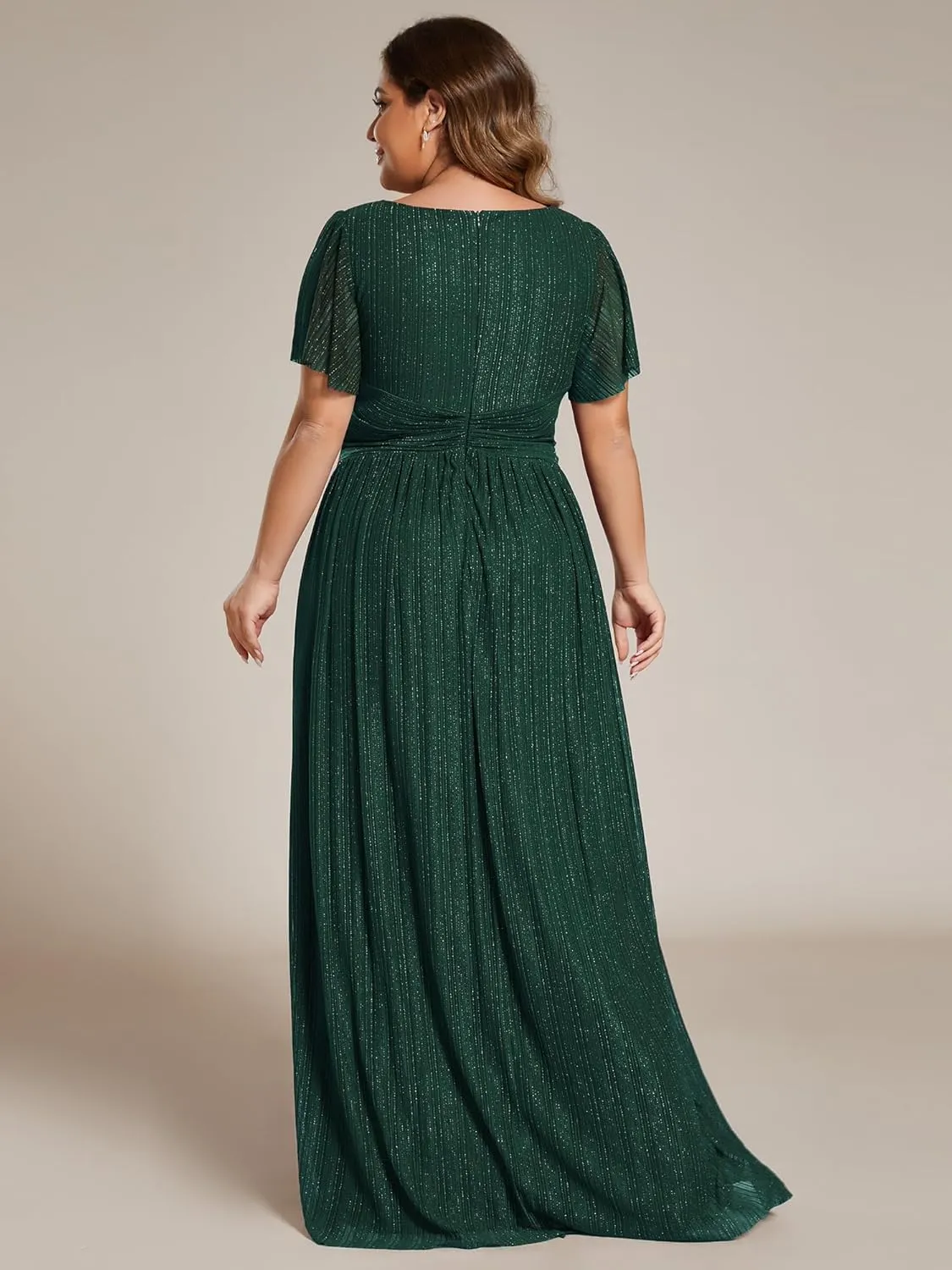 Ever-Pretty Women's A Line V Neck Glitter Short Sleeves Pleated Plus Size Formal Evening Dresses 11961-DA