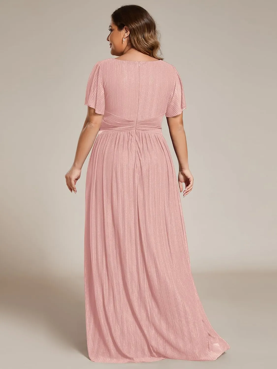 Ever-Pretty Women's A Line V Neck Glitter Short Sleeves Pleated Plus Size Formal Evening Dresses 11961-DA
