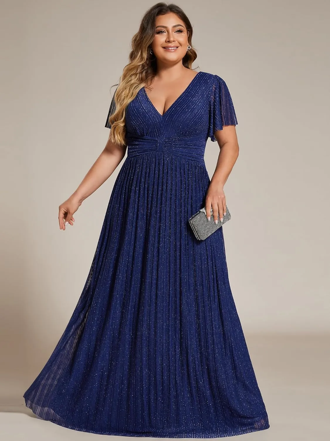 Ever-Pretty Women's A Line V Neck Glitter Short Sleeves Pleated Plus Size Formal Evening Dresses 11961-DA