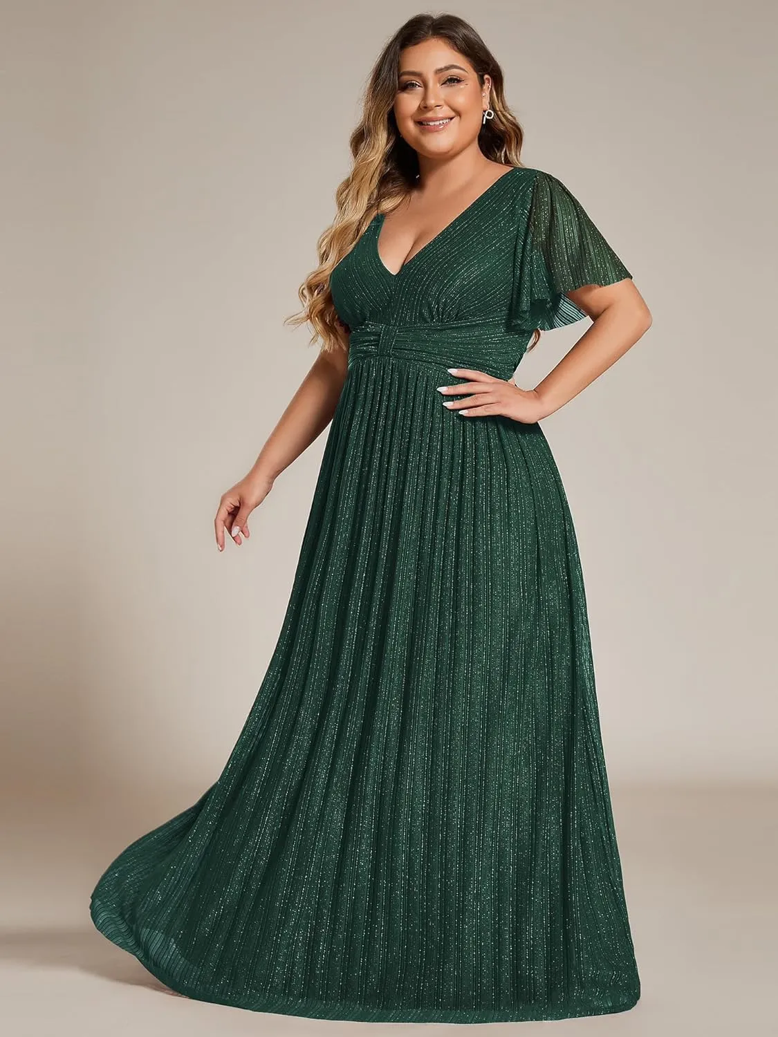 Ever-Pretty Women's A Line V Neck Glitter Short Sleeves Pleated Plus Size Formal Evening Dresses 11961-DA