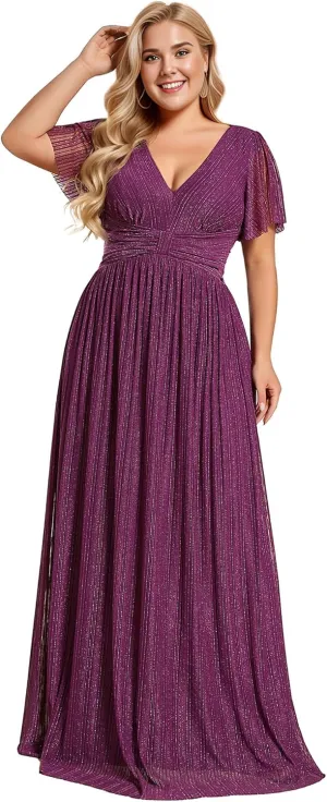 Ever-Pretty Women's A Line V Neck Glitter Short Sleeves Pleated Plus Size Formal Evening Dresses 11961-DA