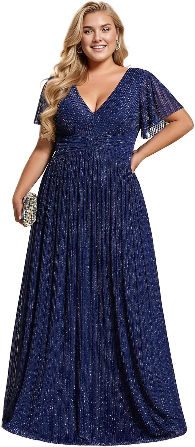 Ever-Pretty Women's A Line V Neck Glitter Short Sleeves Pleated Plus Size Formal Evening Dresses 11961-DA
