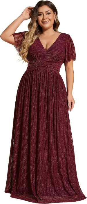 Ever-Pretty Women's A Line V Neck Glitter Short Sleeves Pleated Plus Size Formal Evening Dresses 11961-DA