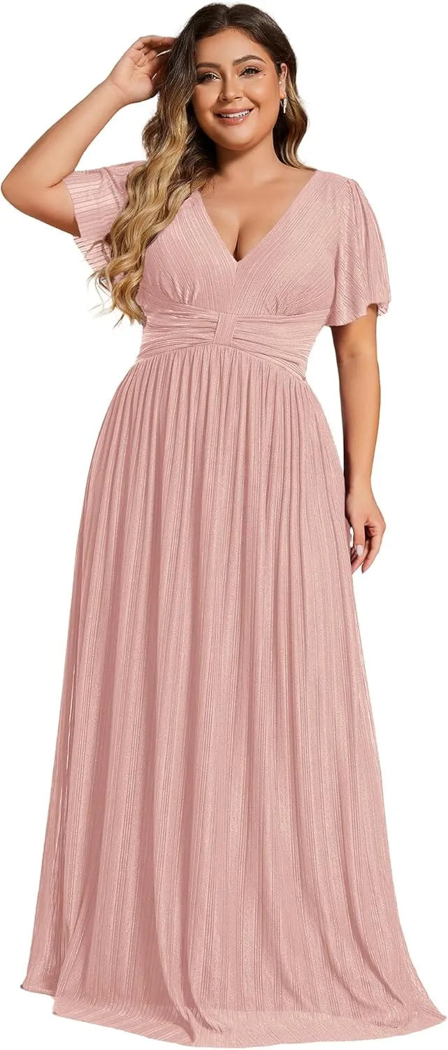 Ever-Pretty Women's A Line V Neck Glitter Short Sleeves Pleated Plus Size Formal Evening Dresses 11961-DA