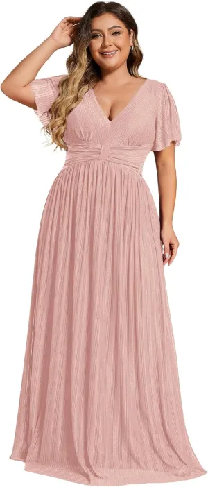 Ever-Pretty Women's A Line V Neck Glitter Short Sleeves Pleated Plus Size Formal Evening Dresses 11961-DA