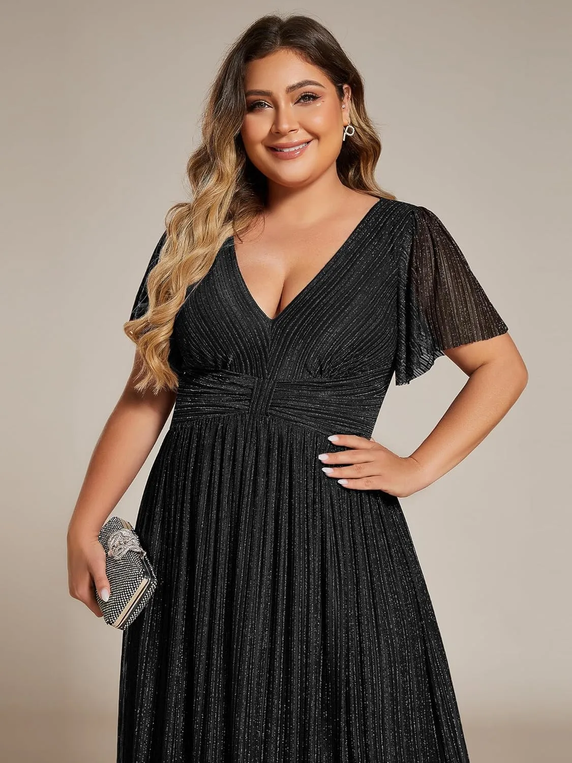 Ever-Pretty Women's A Line V Neck Glitter Short Sleeves Pleated Plus Size Formal Evening Dresses 11961-DA