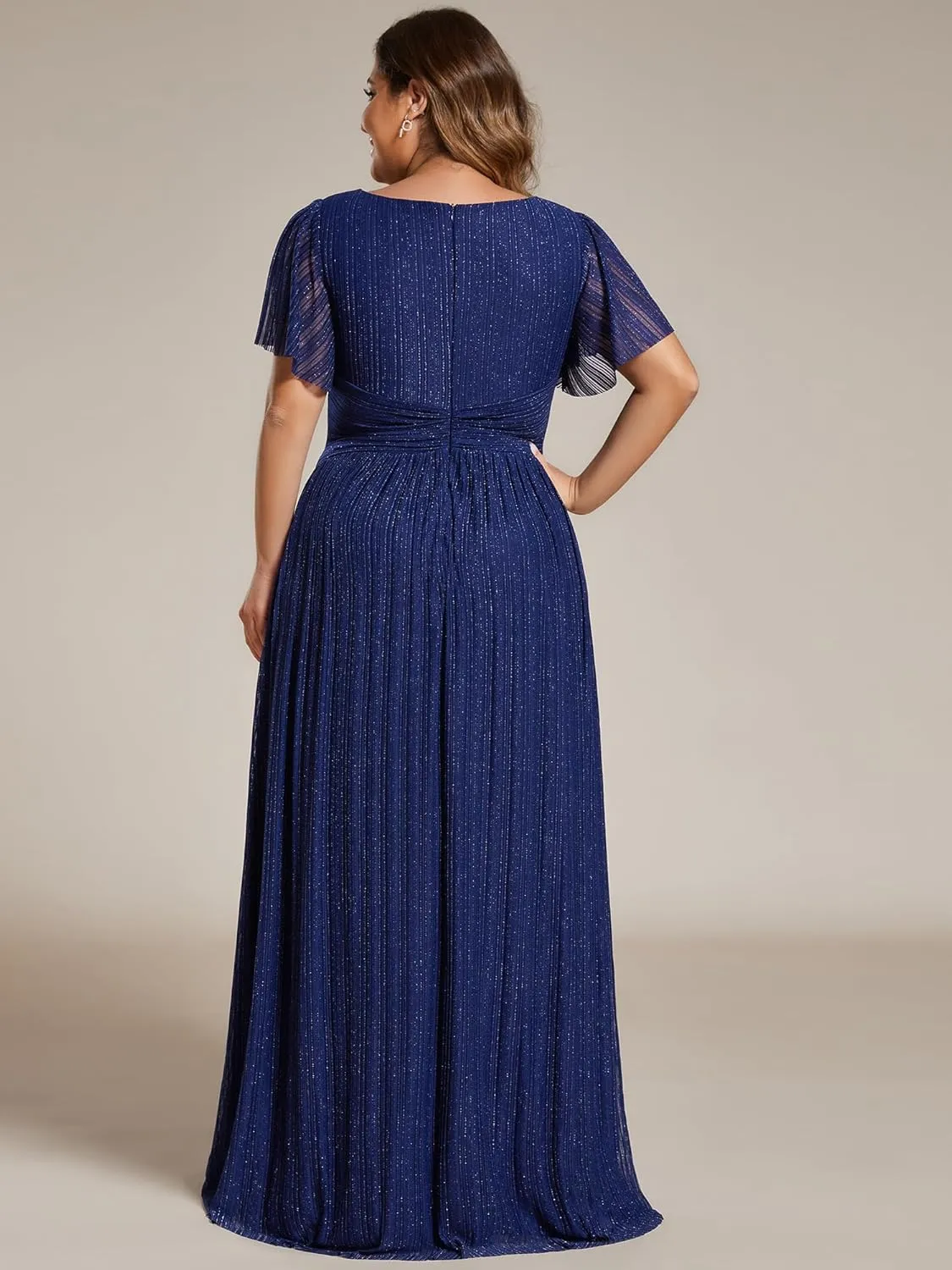 Ever-Pretty Women's A Line V Neck Glitter Short Sleeves Pleated Plus Size Formal Evening Dresses 11961-DA