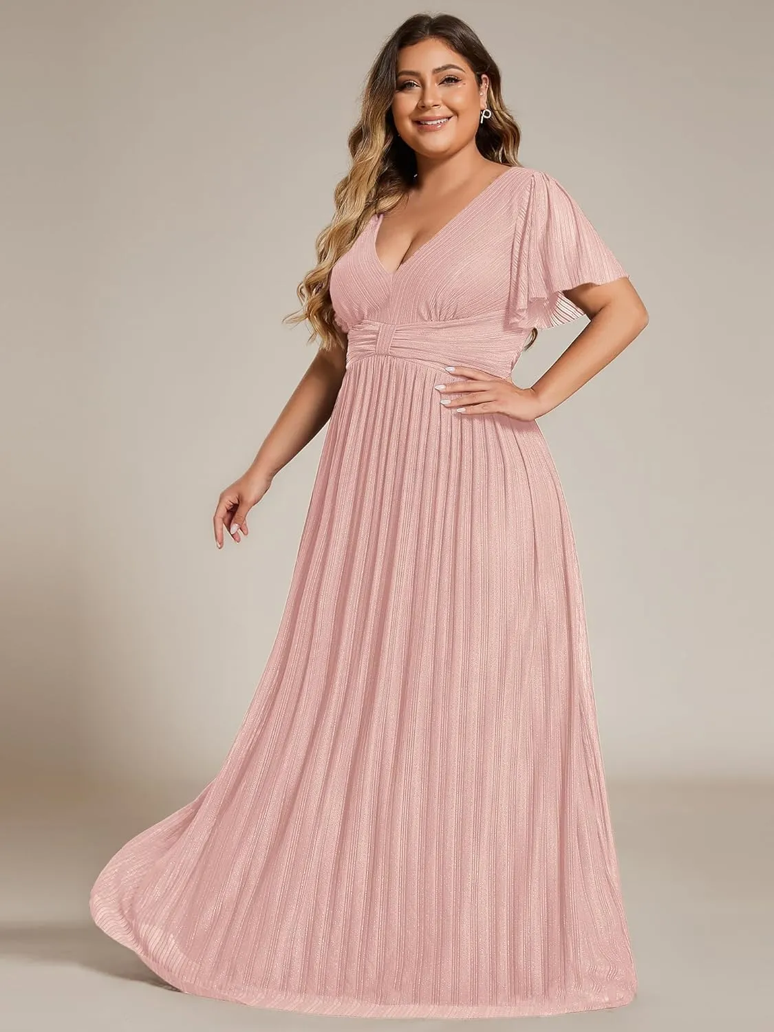 Ever-Pretty Women's A Line V Neck Glitter Short Sleeves Pleated Plus Size Formal Evening Dresses 11961-DA