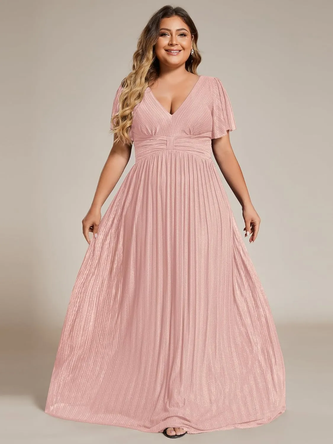 Ever-Pretty Women's A Line V Neck Glitter Short Sleeves Pleated Plus Size Formal Evening Dresses 11961-DA