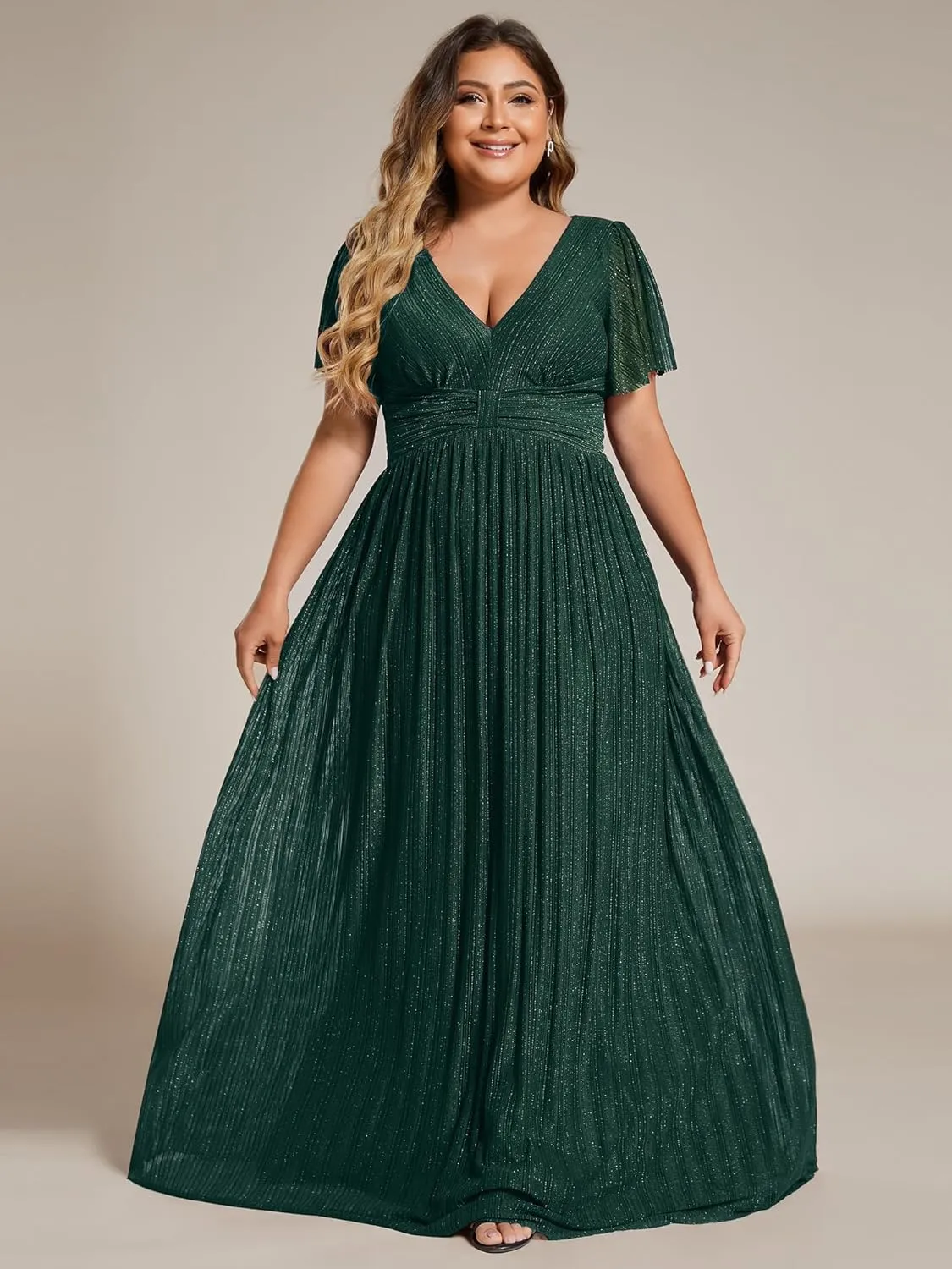 Ever-Pretty Women's A Line V Neck Glitter Short Sleeves Pleated Plus Size Formal Evening Dresses 11961-DA