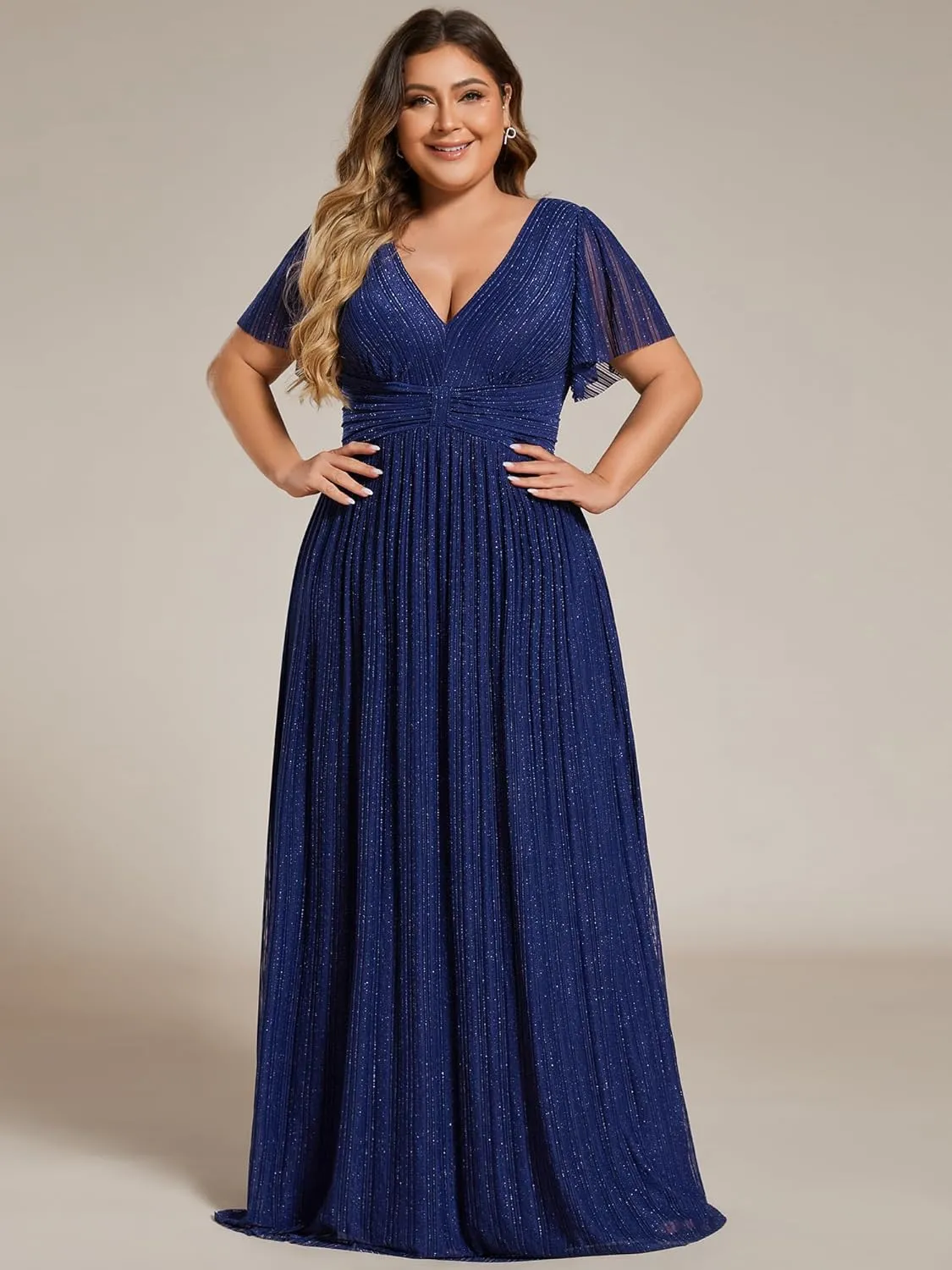 Ever-Pretty Women's A Line V Neck Glitter Short Sleeves Pleated Plus Size Formal Evening Dresses 11961-DA