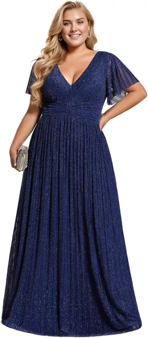 Ever-Pretty Women's A Line V Neck Glitter Short Sleeves Pleated Plus Size Formal Evening Dresses 11961-DA