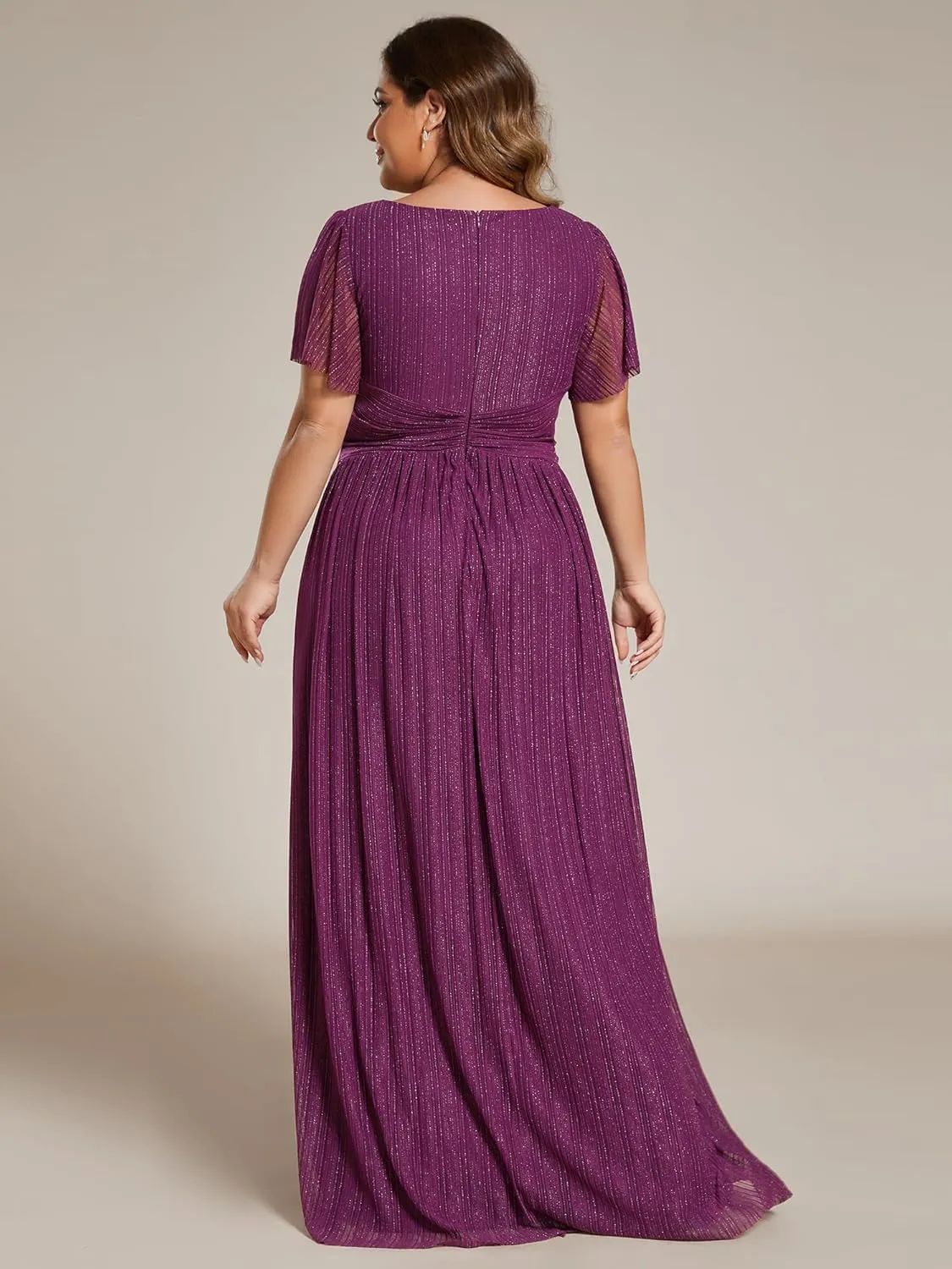 Ever-Pretty Women's A Line V Neck Glitter Short Sleeves Pleated Plus Size Formal Evening Dresses 11961-DA