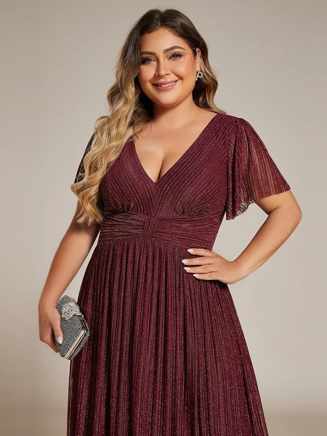 Ever-Pretty Women's A Line V Neck Glitter Short Sleeves Pleated Plus Size Formal Evening Dresses 11961-DA