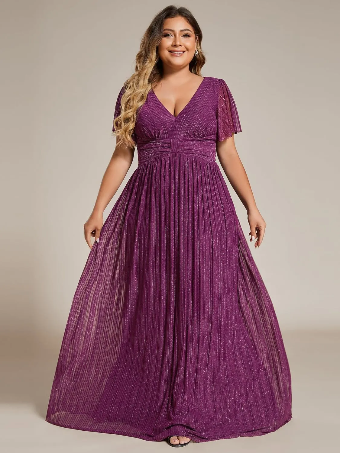 Ever-Pretty Women's A Line V Neck Glitter Short Sleeves Pleated Plus Size Formal Evening Dresses 11961-DA