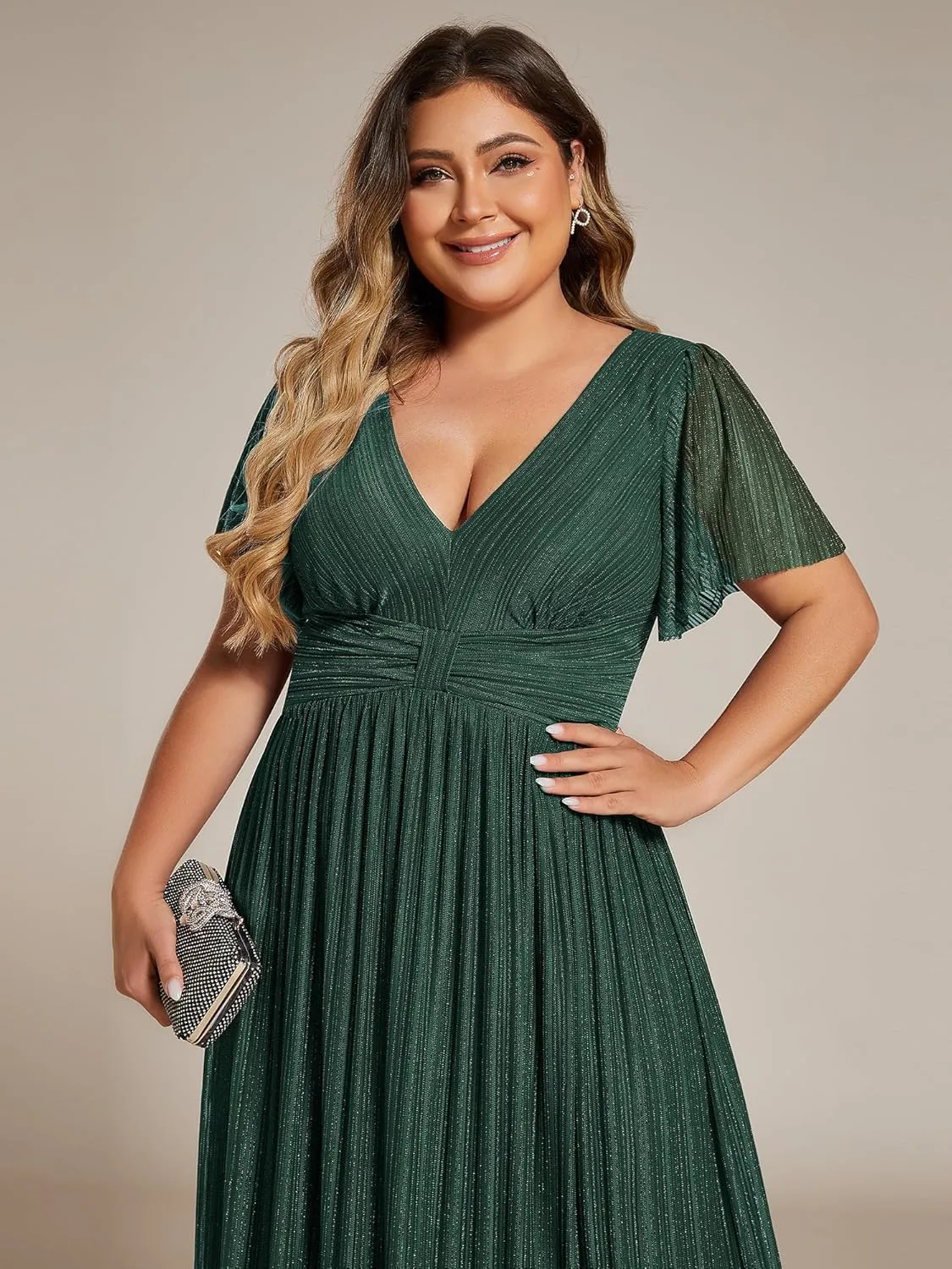Ever-Pretty Women's A Line V Neck Glitter Short Sleeves Pleated Plus Size Formal Evening Dresses 11961-DA