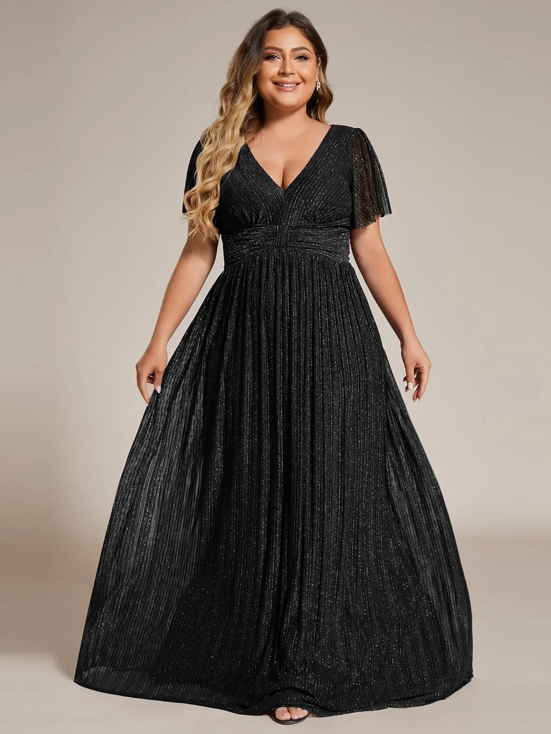 Ever-Pretty Women's A Line V Neck Glitter Short Sleeves Pleated Plus Size Formal Evening Dresses 11961-DA