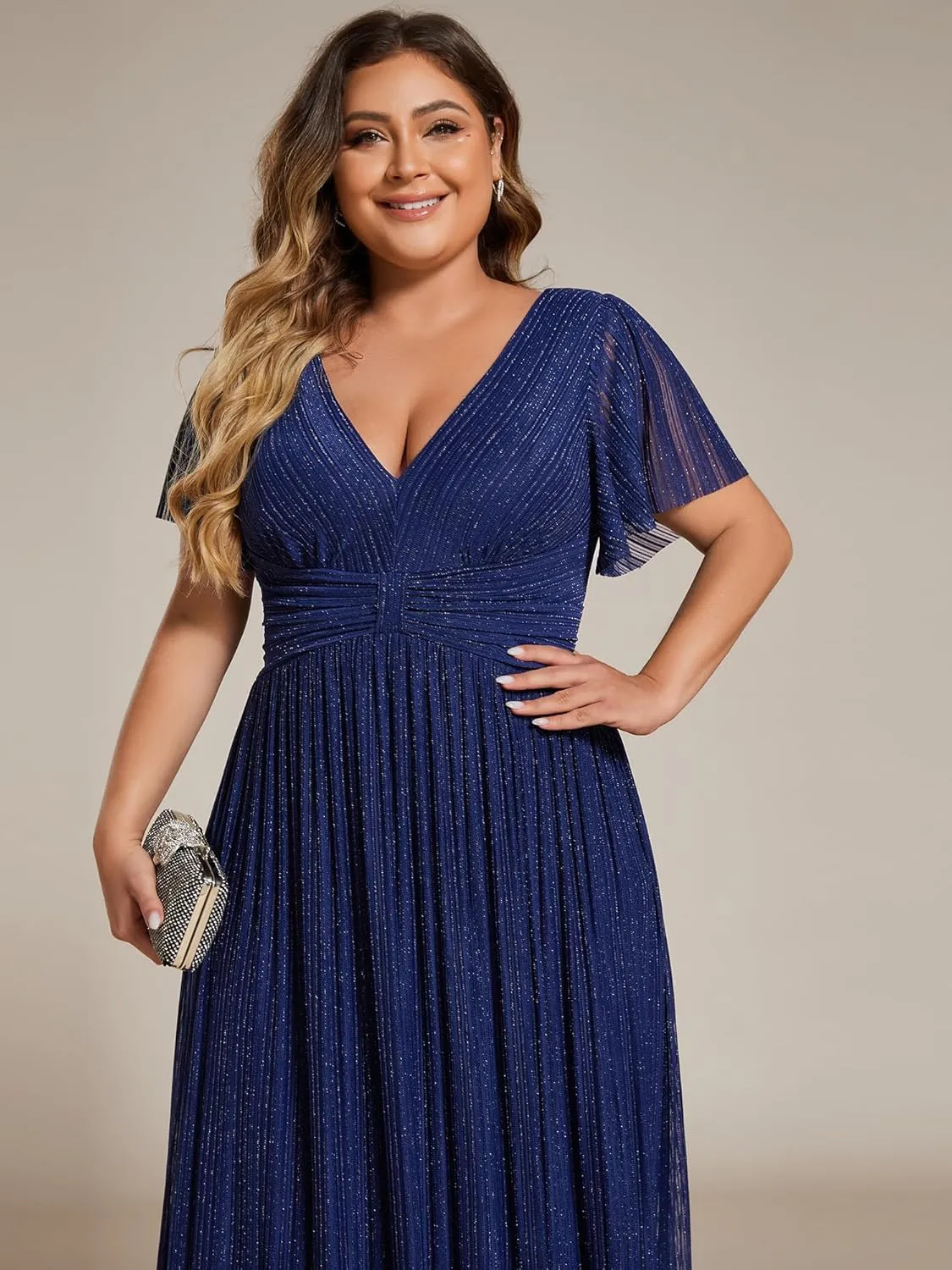 Ever-Pretty Women's A Line V Neck Glitter Short Sleeves Pleated Plus Size Formal Evening Dresses 11961-DA