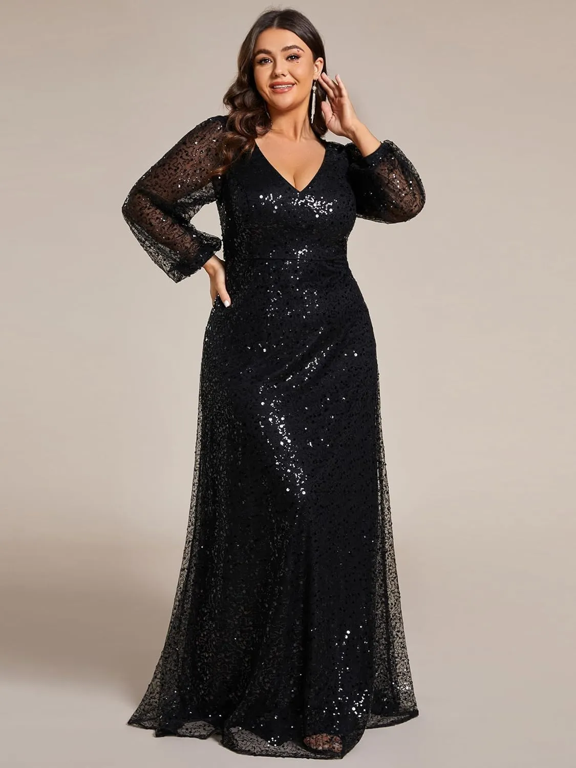 Ever-Pretty Women's A-Line V Neck Sheer Long Sleeves Plus Size Sequin Formal Dress 01999-DA