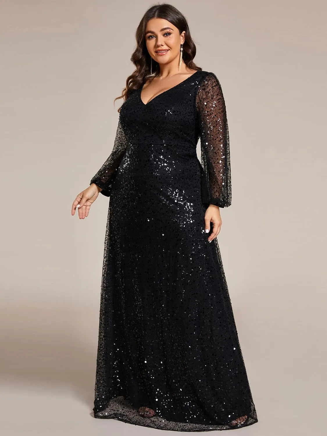 Ever-Pretty Women's A-Line V Neck Sheer Long Sleeves Plus Size Sequin Formal Dress 01999-DA