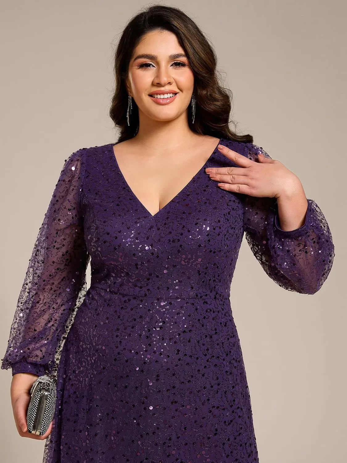 Ever-Pretty Women's A-Line V Neck Sheer Long Sleeves Plus Size Sequin Formal Dress 01999-DA