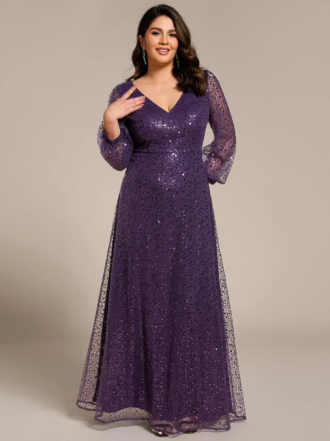 Ever-Pretty Women's A-Line V Neck Sheer Long Sleeves Plus Size Sequin Formal Dress 01999-DA