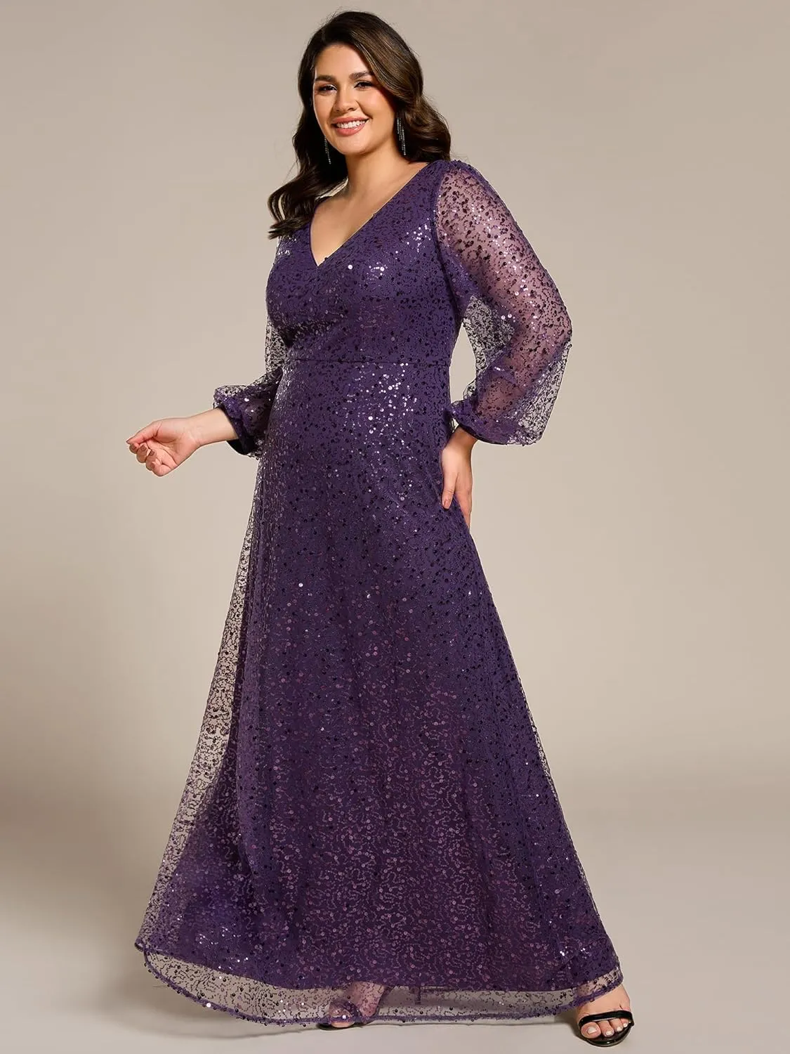 Ever-Pretty Women's A-Line V Neck Sheer Long Sleeves Plus Size Sequin Formal Dress 01999-DA